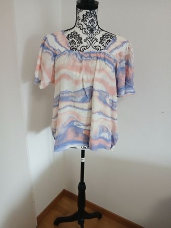 Sommerbluse Puffärmel Gr. 42 rosa blau weiss luftig Viskose.