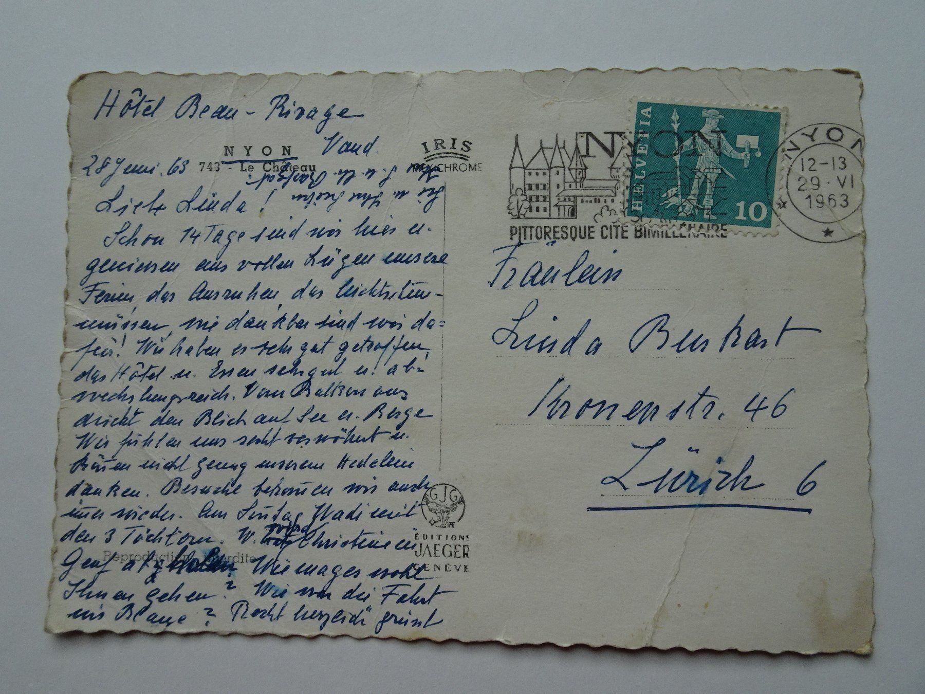Cartoline postali: Schloss Nyon 1963 – Usato da Aadorf venduto da Chnorli-Furz 1