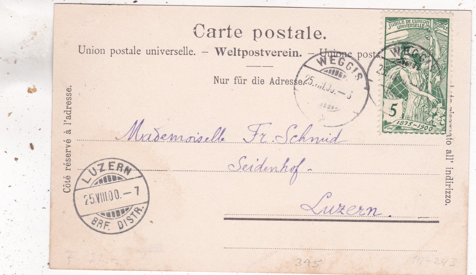 Ansichtskarten: Weggis 1900  UPU Briefmarke – Gebraucht aus Herisau von Lisegrat2008 1
