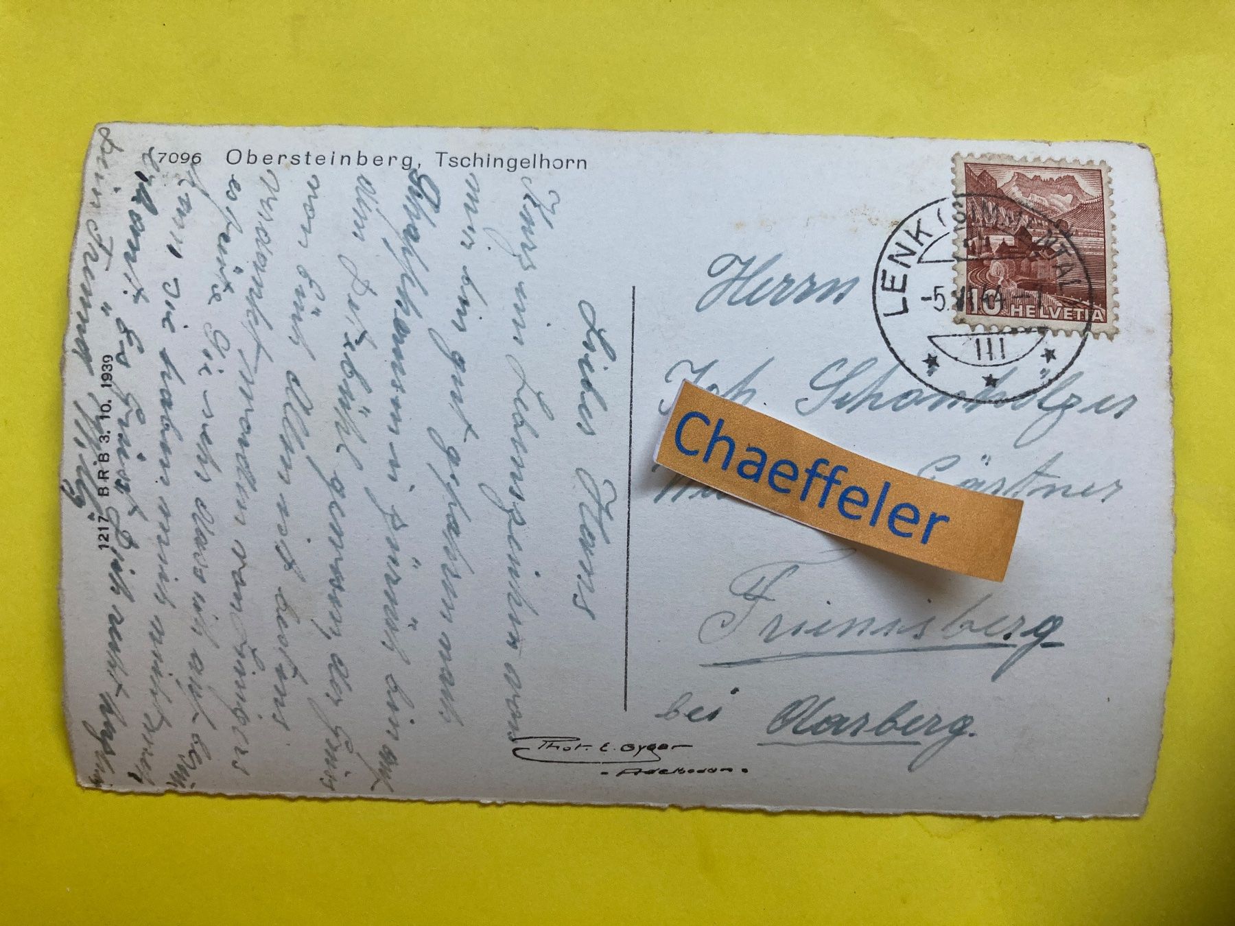 Cartoline postali: 1944 7096 Obersteinberg, Tschingelhorn – Usato da Zürich venduto da Chaeffeler 1