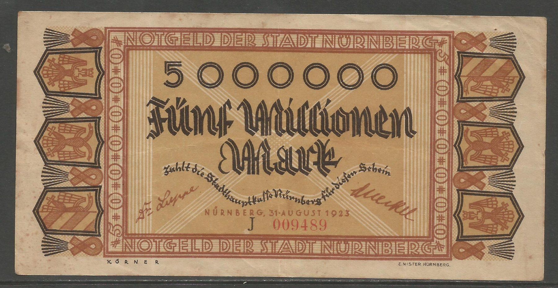 Banconote: DEUTSCHES REICH - 5.000.000 MARK, NOTGELD NUERNBERG, 1923 – Usato da Tobel venduto da fuertinero
