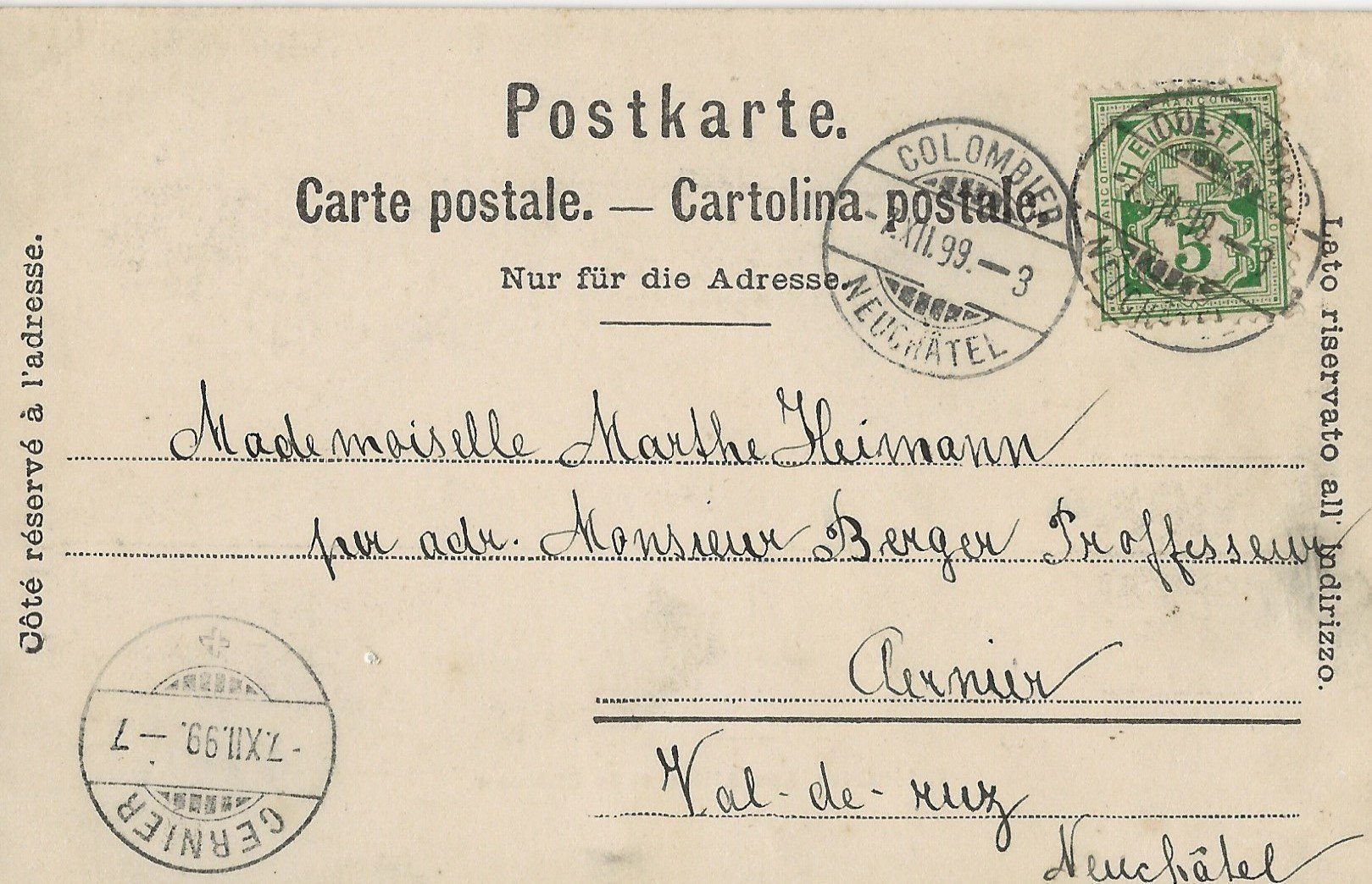 Cartes postales: Colombier, Chiffelle, 1899 – D'occasion à Frauenfeld par Merk52 1