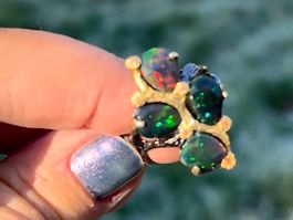 FIERY! Black Opals Black Rhodium 14k Gold Vermeil SS925 Ring