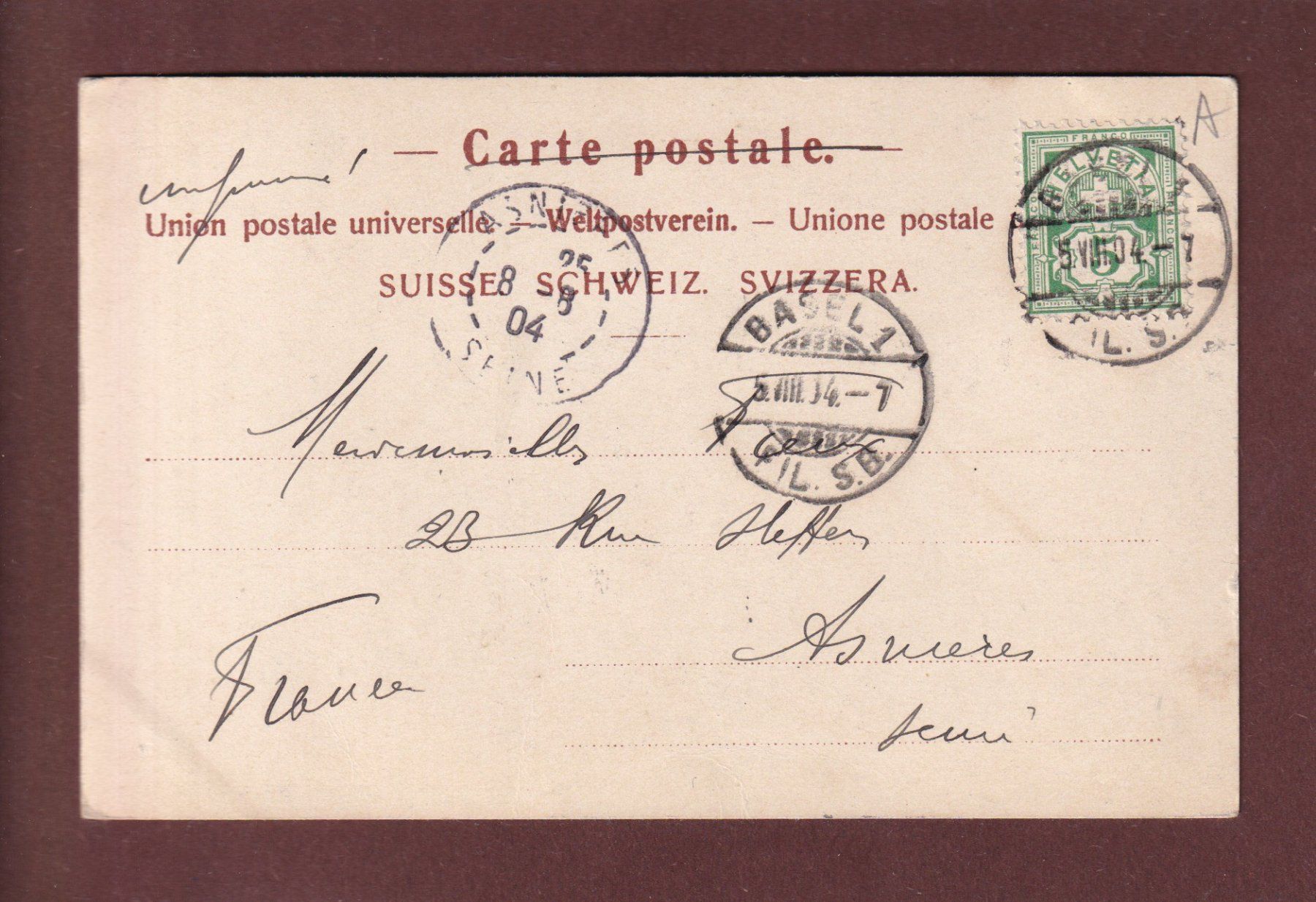 Cartoline postali: BASEL - Rittergasse - 1904 – Usato da Pully venduto da nicecards 1