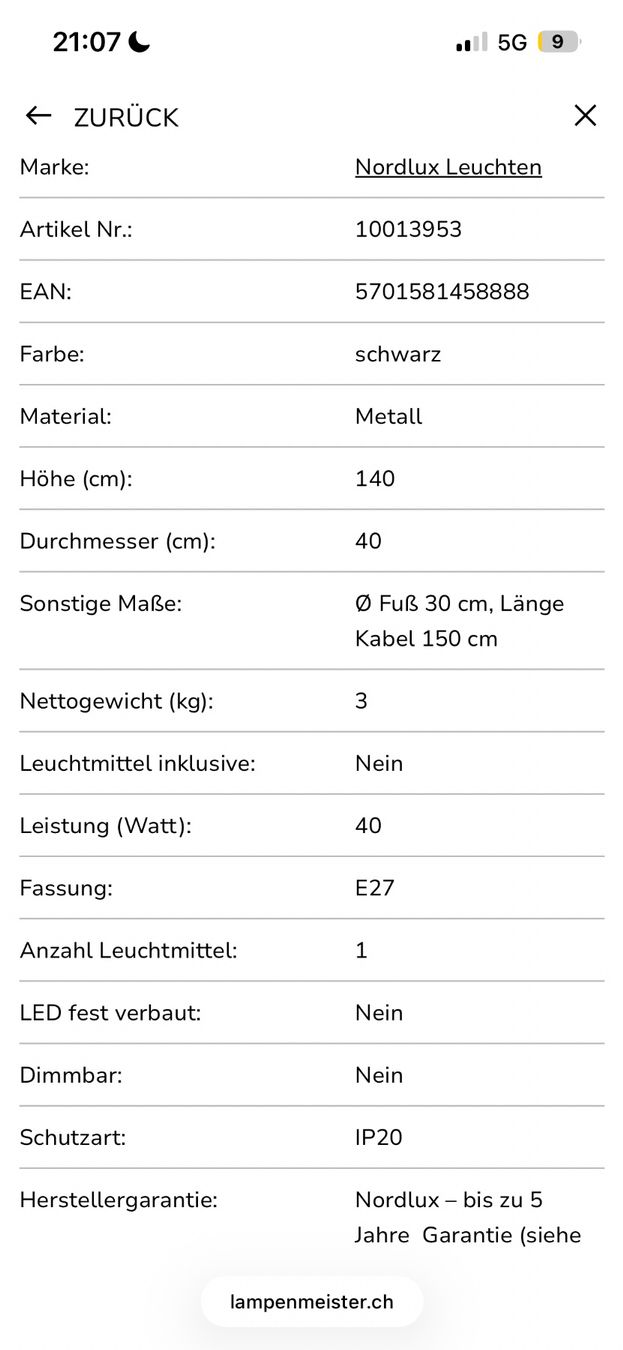 Lampade: Ellen 40 Stehleuchte Black - Nordlux – Usato da Zürich venduto da rueuni10 3