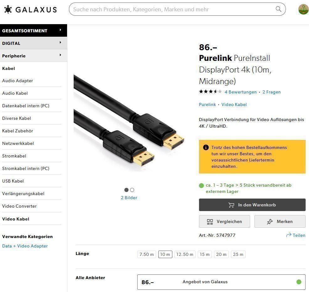 Cavi: Displayport Kabel für 4K, 10 Meter lang – Nuovo (secondo la descrizione) da Hergiswil NW venduto da Mark997 1