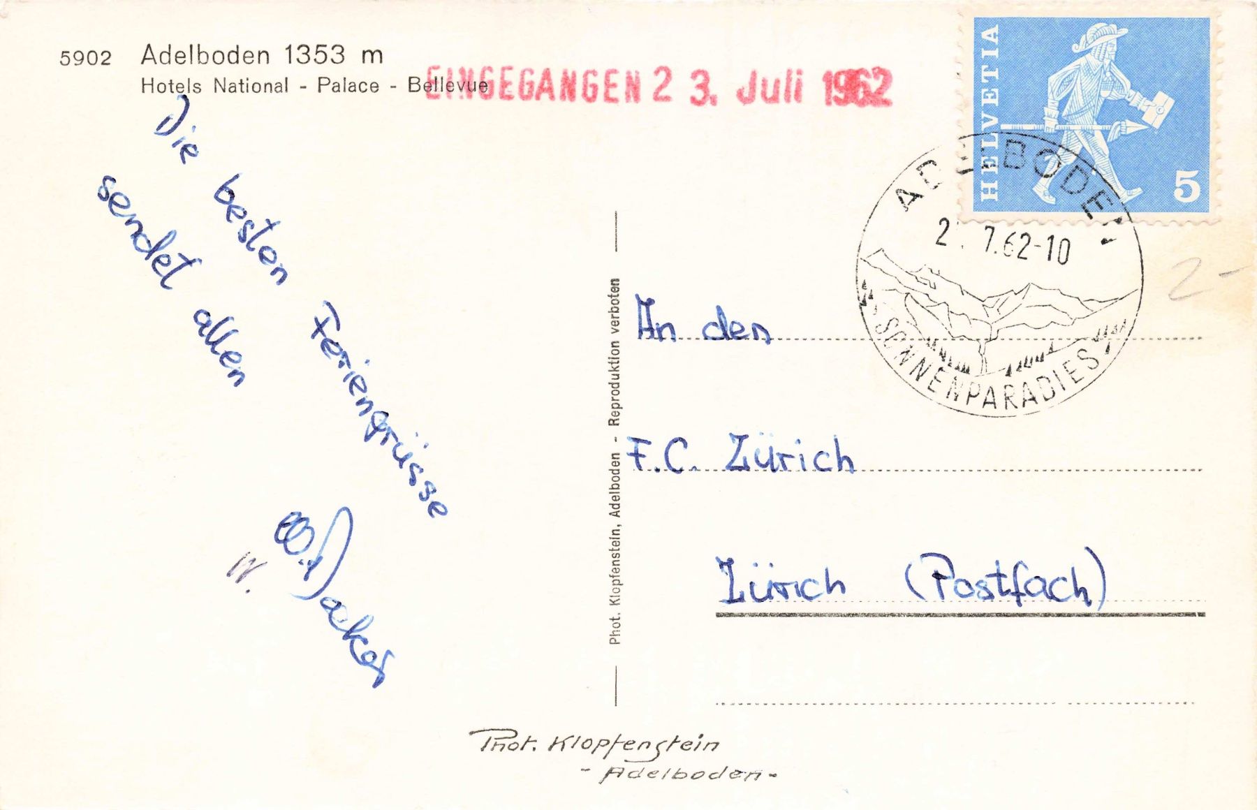 Cartoline postali: Adelboden hotel national – Usato da Biasca venduto da Blenio71 1
