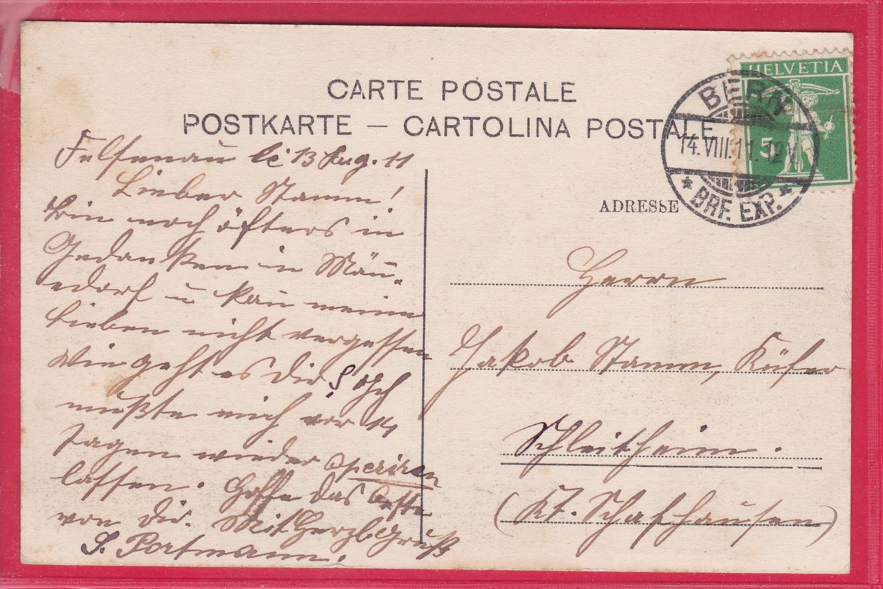 Cartoline postali: FELSENAU (BERN), 14.8.1911 – Usato da Oberrieden venduto da Gebirgsstelze 1