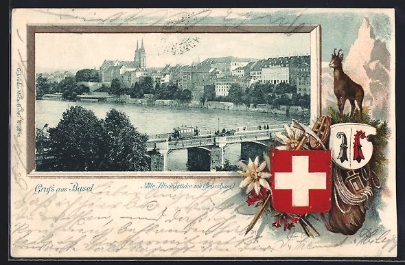 Cartoline postali: Basel, Alte Rheinbrücke mit Grossbasel, – Usato da Berlin venduto da bartko-reher