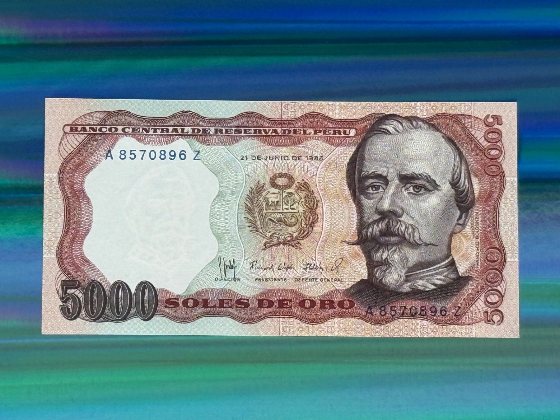 Banconote: Peru 1985 - 5000 Soles de Oro UNC - Kumpel – Nuovo e nell'imballaggio originale da Pfäffikon SZ venduto da Sieben77 1