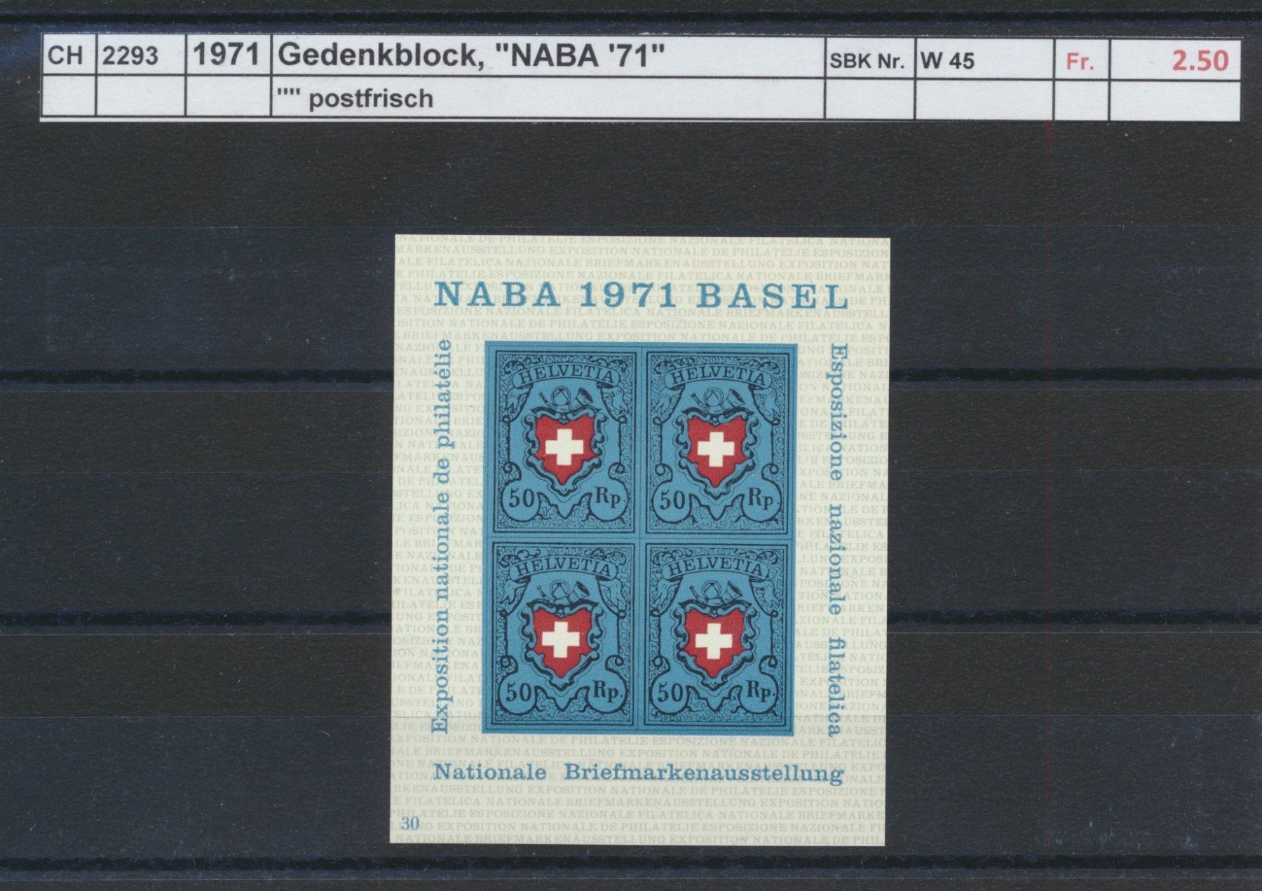 Tous les timbres: 1971 Gedenkblock "NABA  - Basel", ** postfrisch – Neuf (Voir description) à Winterthur par Zupogeru