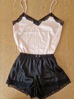 Seidenpyjama-Set Gr.40 Top & Shorts Rosa/Schwarz Spitze
