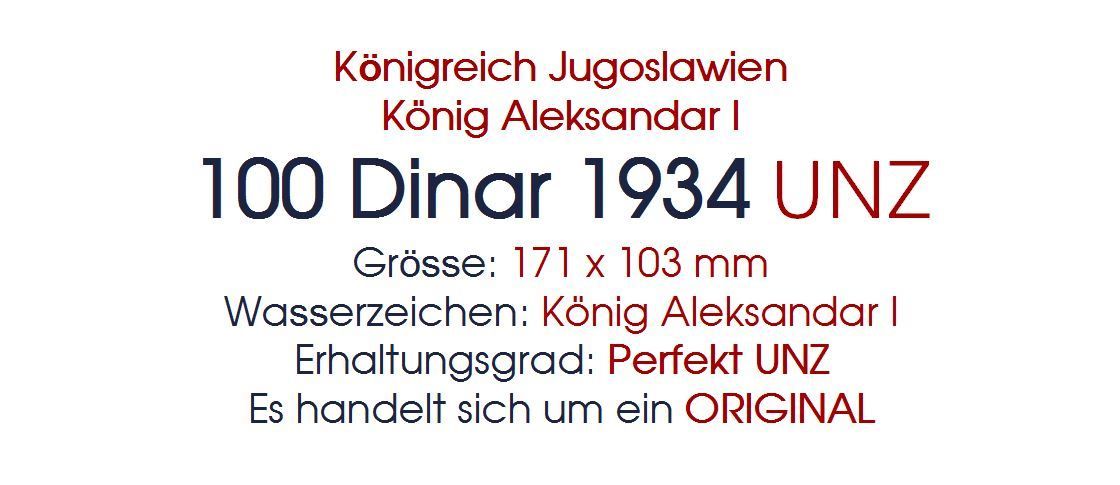 Billets de banque: 100 Dinar 1934 UNZ – Neuf (Voir description) à Flamatt par samowarow 1