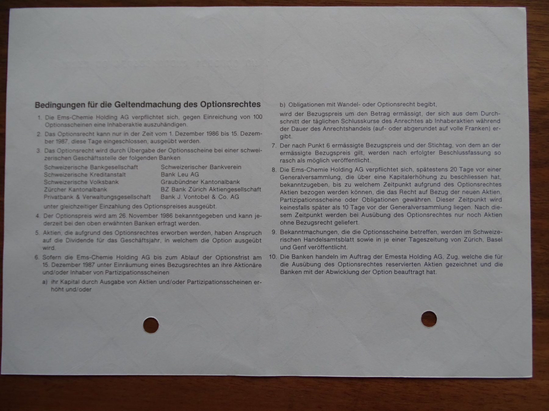 Documenti: Optionsschein EMS Chemie Holding – Usato da Schwyz venduto da schwyzch 1