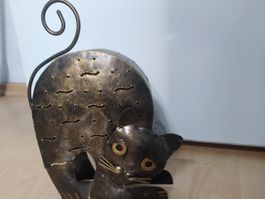 Vintage Metall Katze Windlicht/Teelichthalter 25cm