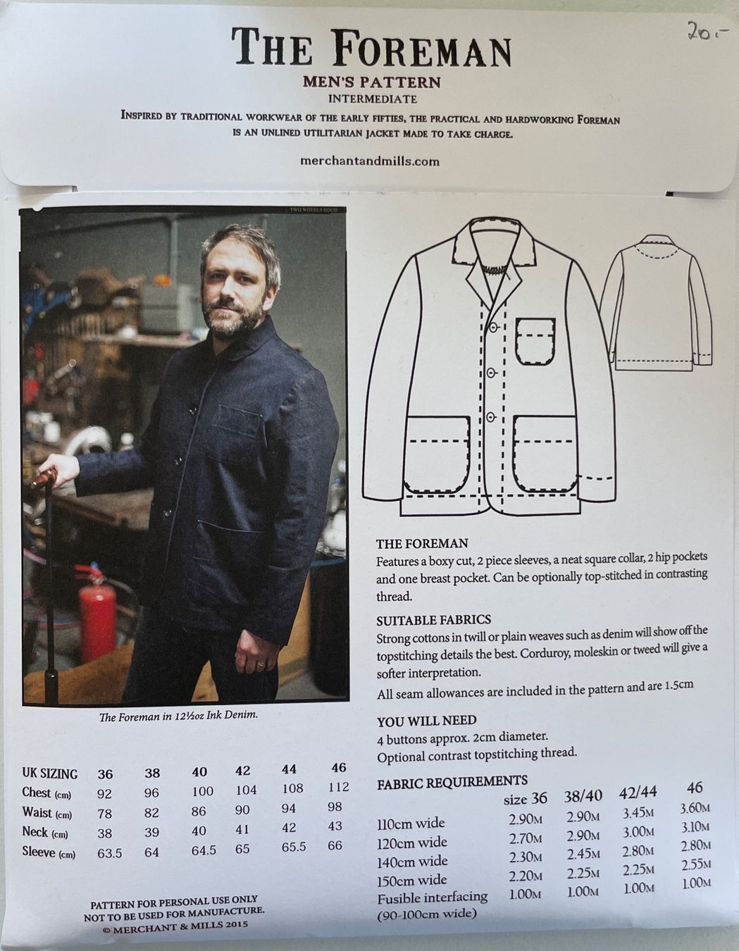 Cartamodelli: Merchant & Mills _ Schnittmuster  THE FOREMAN – Nuovo e nell'imballaggio originale da Silvaplana venduto da Lotzis 1