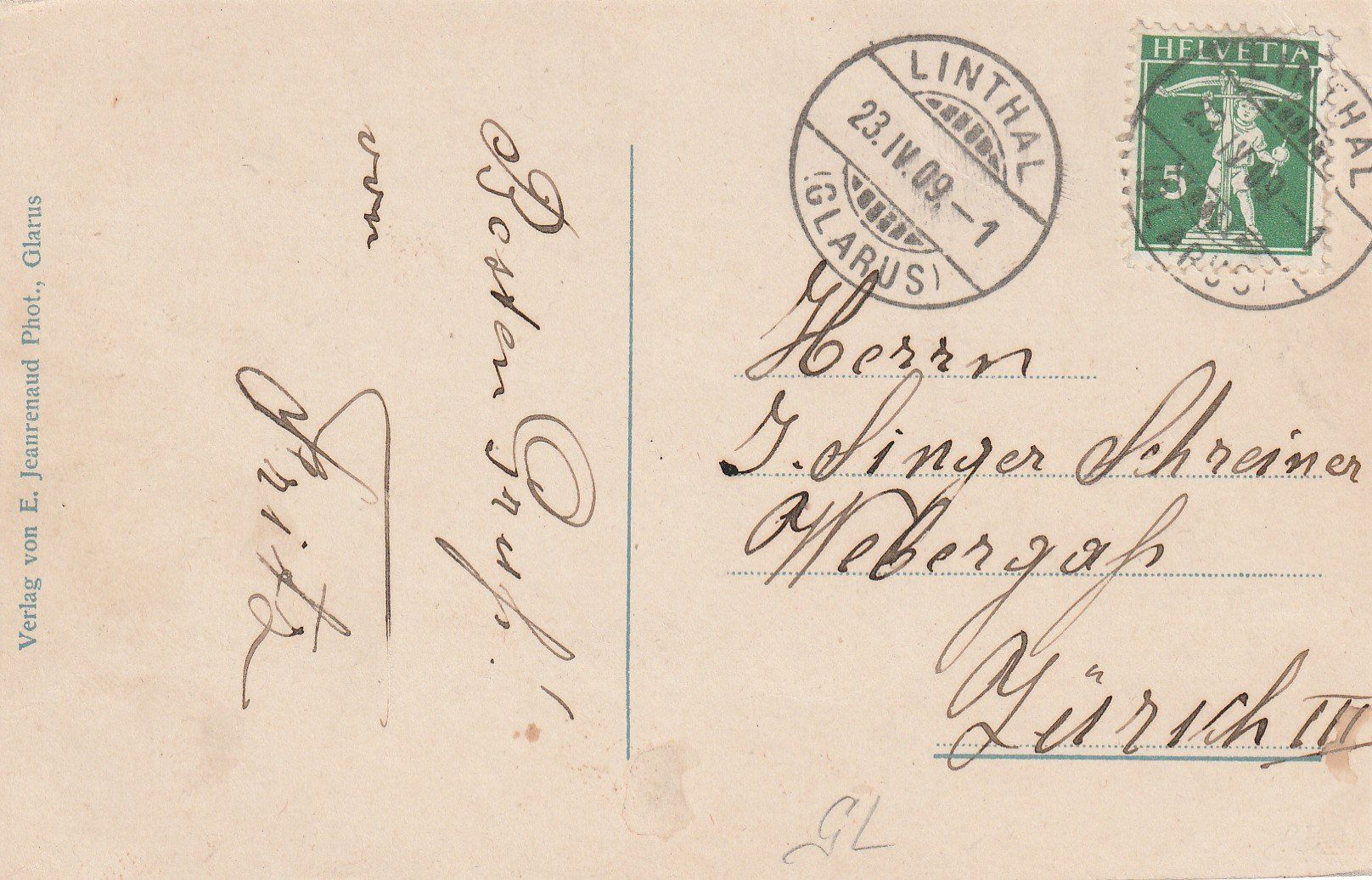 Cartoline postali: GL - Linthal 1909 – Usato da uttwil venduto da Koehlerfred 1