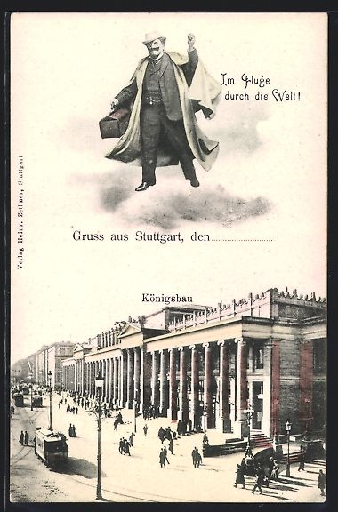 Cartoline postali: Stuttgart, Fliegender Herr über dem K – Usato da Berlin venduto da bartko-reher