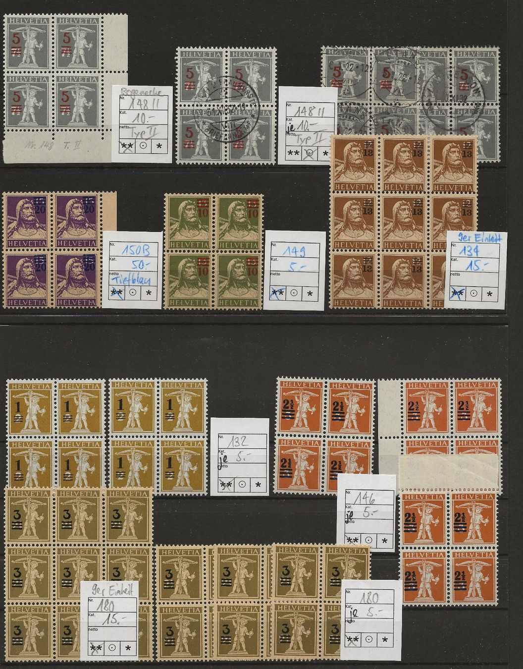 Alle Briefmarken: Lot Viererblöcke Kat. CHF 155.- postfrisch ** + gestempelt – Gebraucht aus Baar von Saegi1
