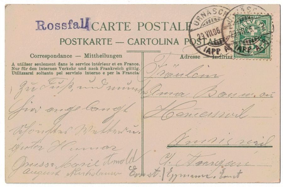Cartoline postali: Rossfall bei Urnäsch, gelaufen 1906 – Usato da Frauenfeld venduto da POML 1