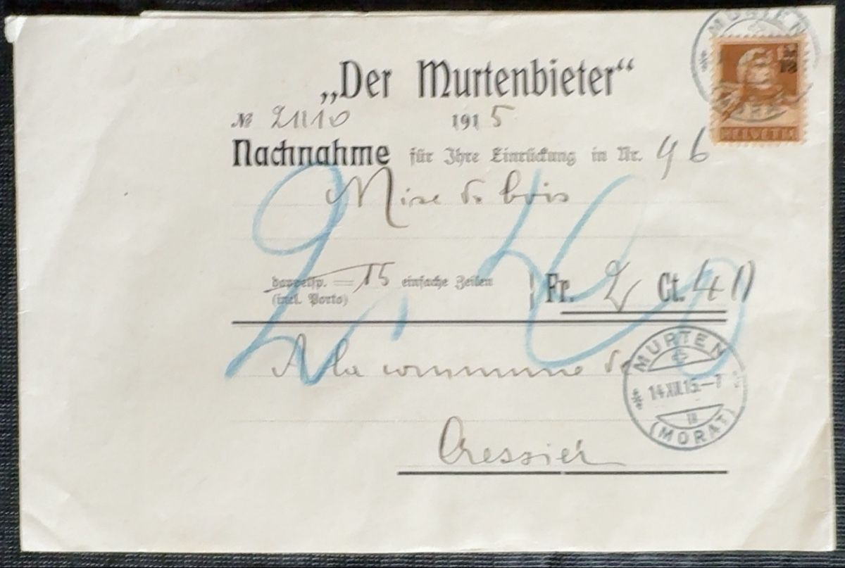 Tutti i francobolli: Brief Murtenbieter 1915 Nachnahme – Usato da birsfelden venduto da tim0444