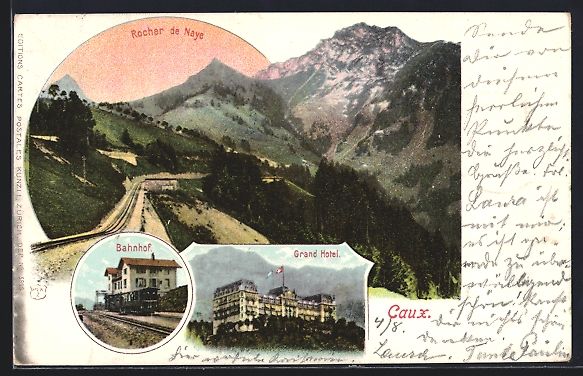Cartoline postali: Litho Caux, Bahnhof, Grand Hotel, Rocher – Usato da Berlin venduto da bartko-reher