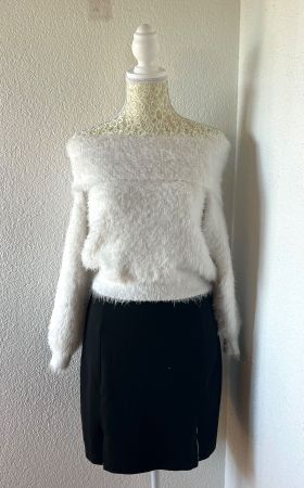 White fuzzy off shoulder sweater