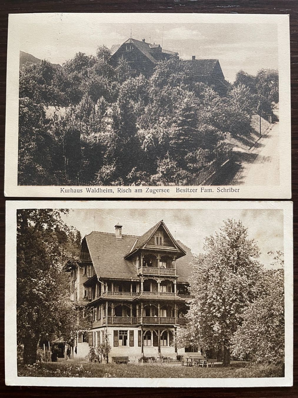 Cartoline postali: RISCH am Zugersee, Kurhaus Waldheim, 2 Ansichtskarten – Usato da Wald ZH venduto da TLILEF