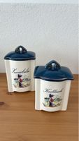 Retro Keramik Vorratsdosen Zwiebeln Knoblauch, Blau/Weiss