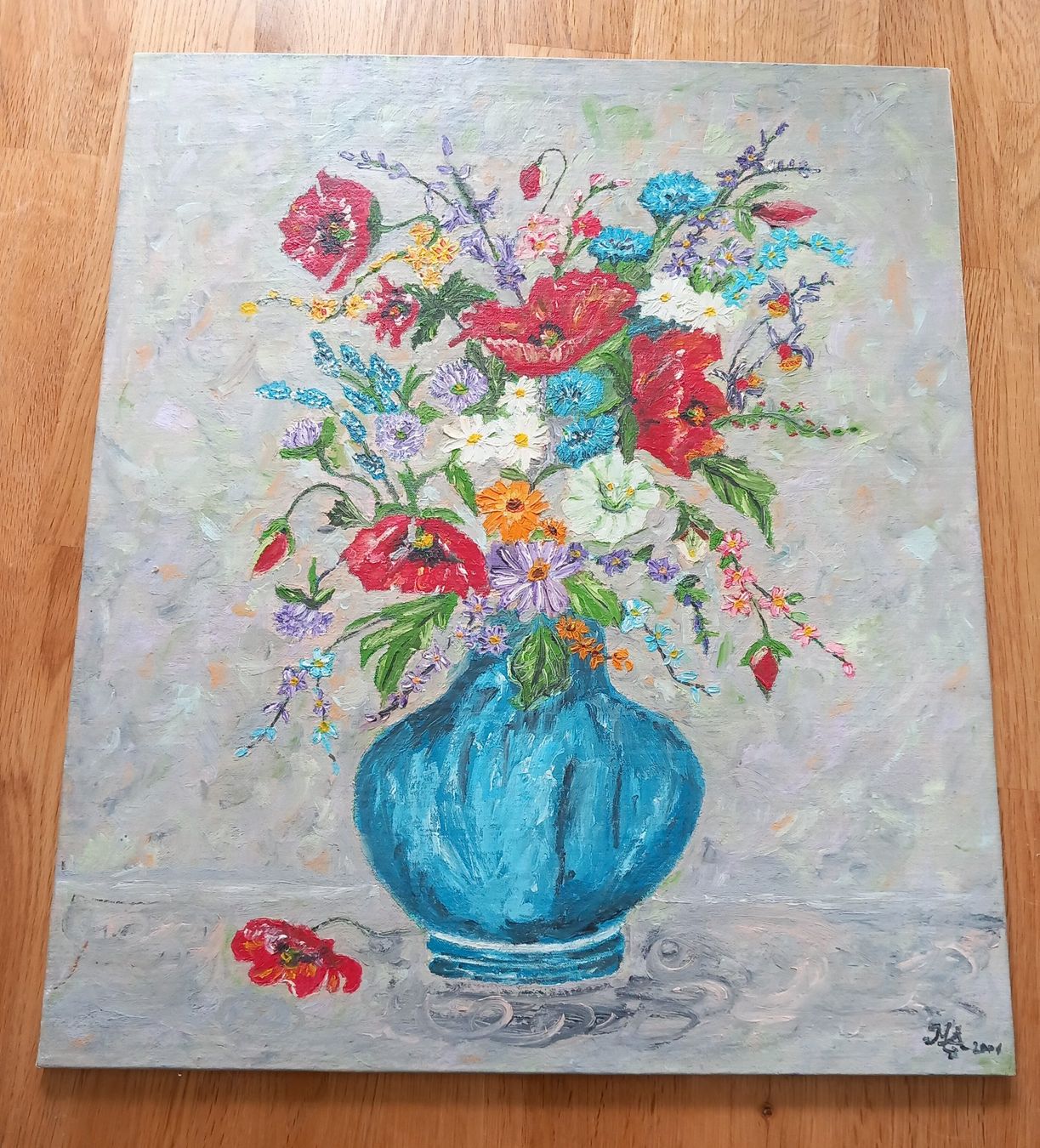 Gemälde: Gemälde Öl auf Leinen /bunter Blumenstrauss – Gebraucht aus Thörigen von Beni511