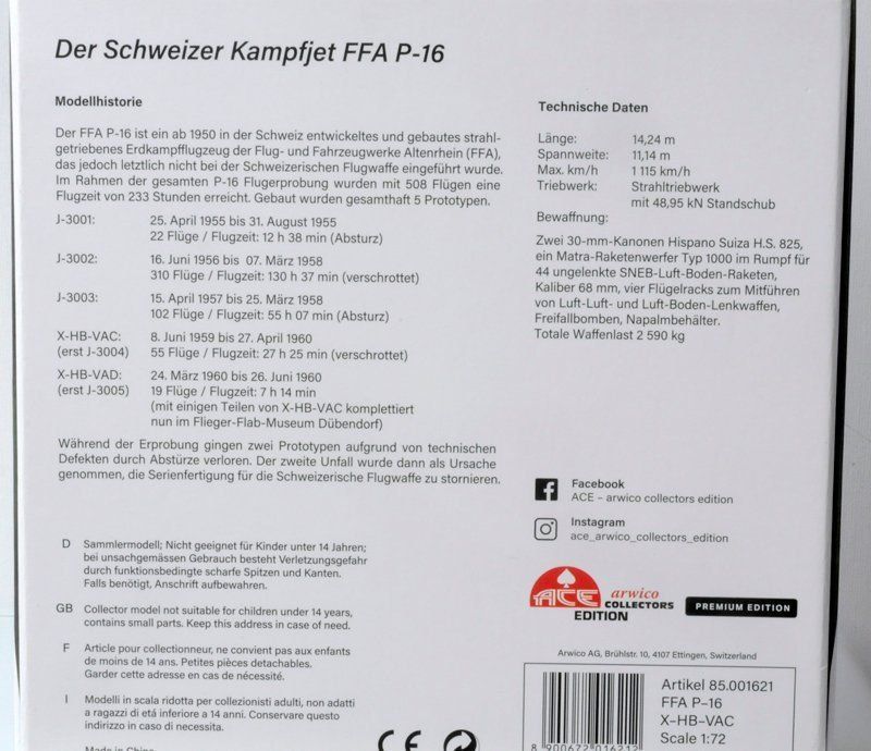 Schweizer Armee Kit di modellismo & Modellini statici: P-16 X-HB-VAC Prototyp Schweizer Kampfflugzeug 1/72 . – Nuovo e nell'imballaggio originale da Hochfelden venduto da aviatikboerse_top 2