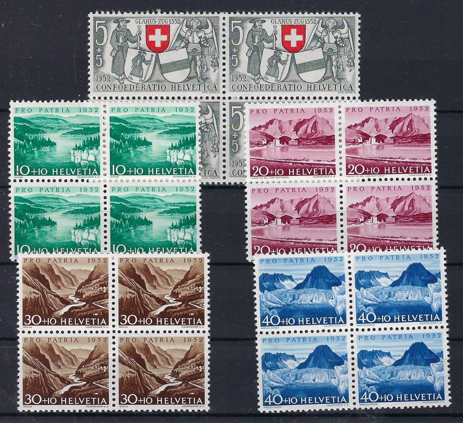 Alle Briefmarken: 1952 Pro Patria Viererblocks postfrisch – Gebraucht aus Lunden von Animus999
