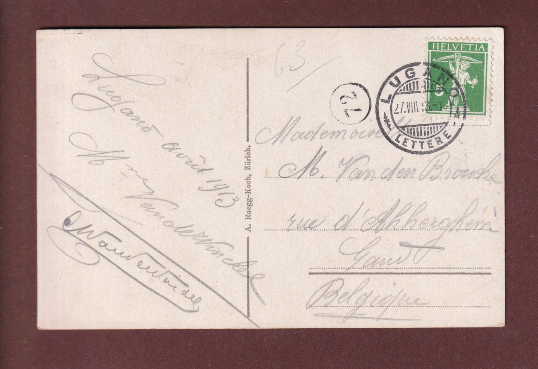 Cartoline postali: LUGANO - Quai e San Salvatore - 1913 – Usato da Pully venduto da nicecards 1