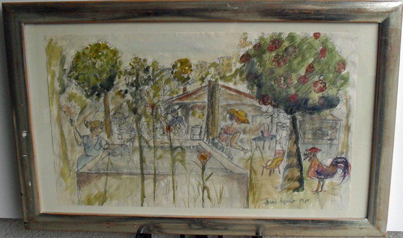 ESPOSITO Romolo. Aquarell Sommerliche Garten mit Güggel Kaufen auf