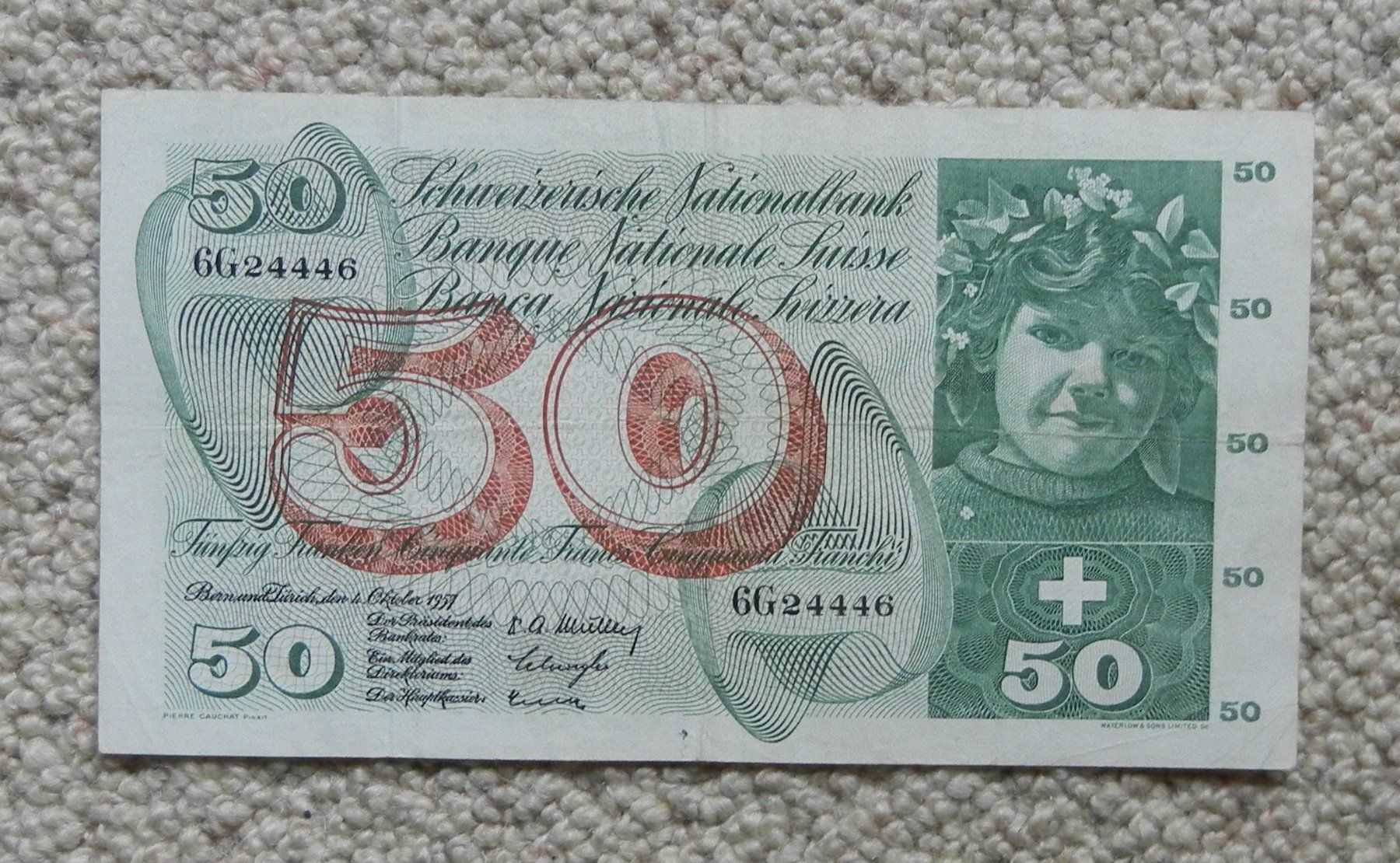 Banconote: 50 FRANKEN BANKNOTE 1957 TOP – Usato da Bern venduto da Mekongbeach