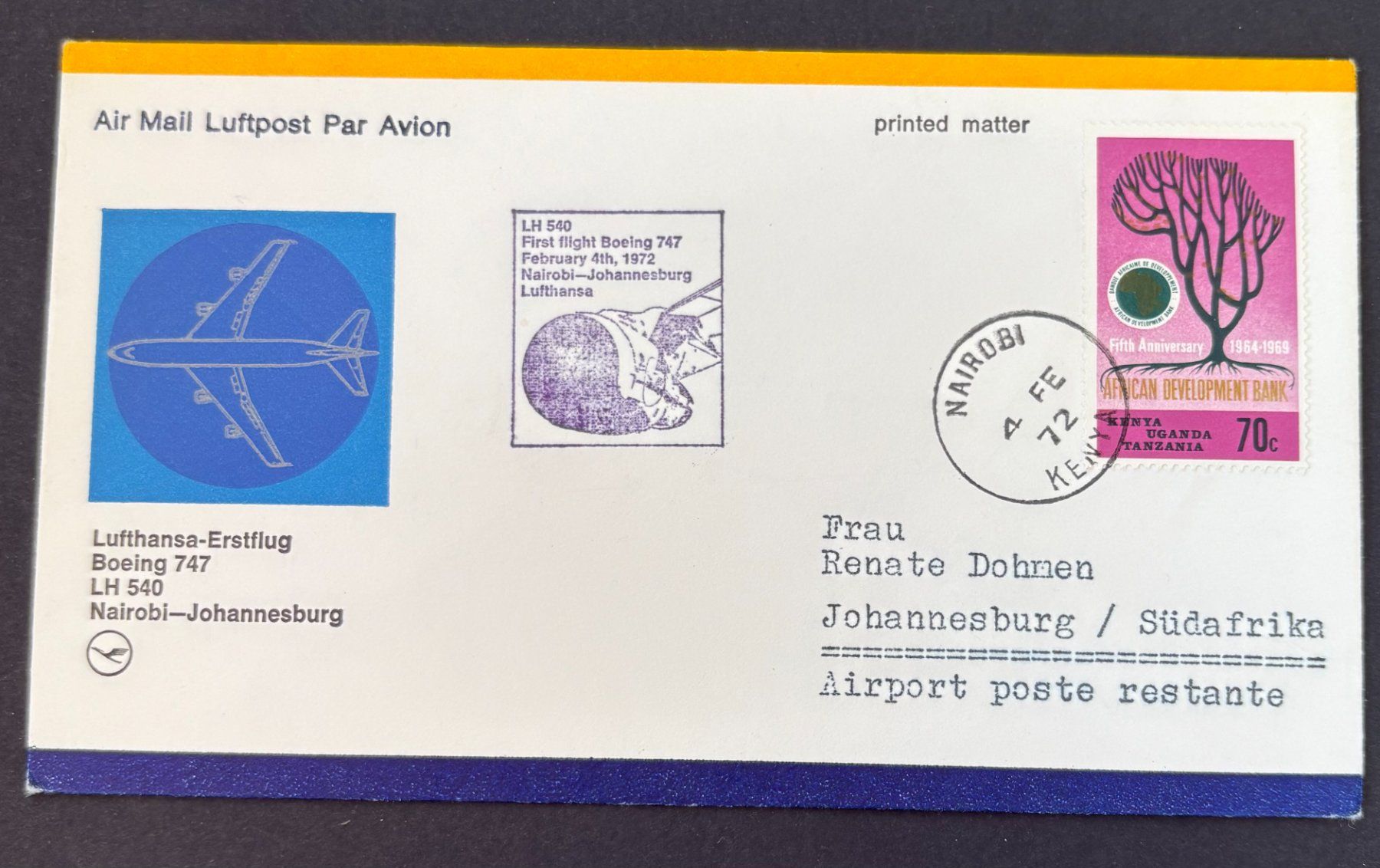 Alle Briefmarken: LUFTHANSA ERSTFLUG LH-540 BOEING 747 – Gebraucht aus Ostermundigen von wini63