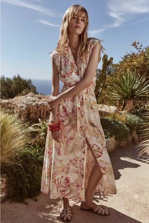Kleid mit Blumendruck, Viskose und Leinen, Größe M