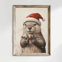 Affiche Vintage de Noël – Loutre au Chapeau du Père Noël