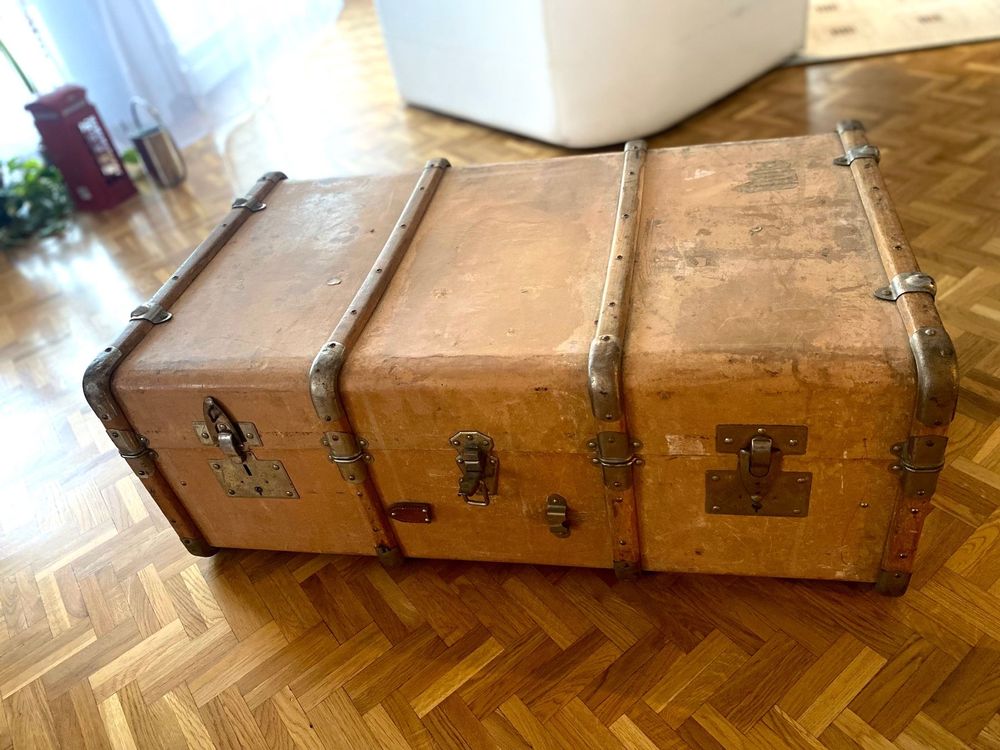 MALLE DE VOYAGE ou coffre de rangement art déco tout en bois et tissus EUR 110,00 - FR