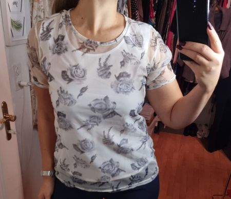 Weisses Blusen T-Shirt Gr. 38/40 mit Rosenmuster,transparent