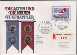 1981: Münzbrief (Numisbrief) mit alten + neuen 5-Räpplern.