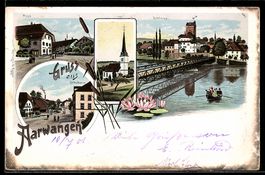 Lithographie Aarwangen, Post, Schloss, Schulhaus, Kirche