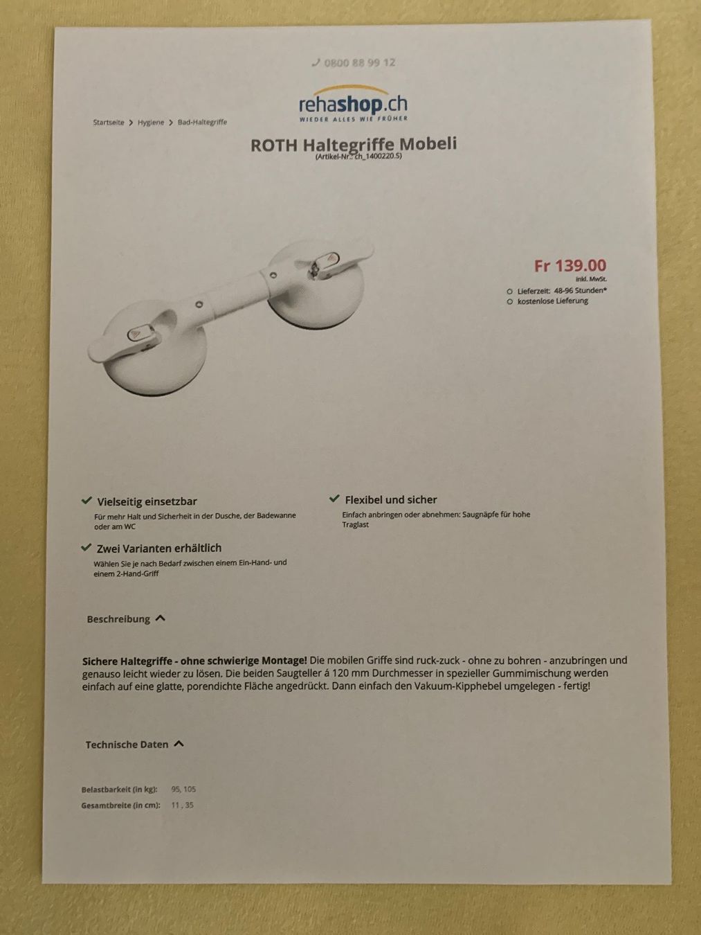 Supporti a parete: Haltegriff Mobeli ROTH   Mobiler Griff für Badezimmer – Nuovo (secondo la descrizione) da Langnau am Albis venduto da Bs5 1