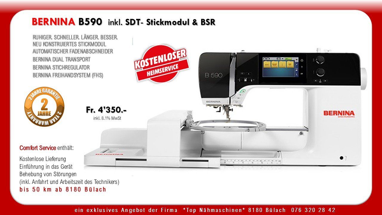 Bernina Macchine da cucire: Bernina 590 inkl. SDT- Stickmodul & BSR – Nuovo e nell'imballaggio originale da Bülach venduto da topnaehmaschinen
