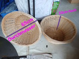 2 grosse Wäschekörbe aus Naturgeflecht – Ø 65 cm