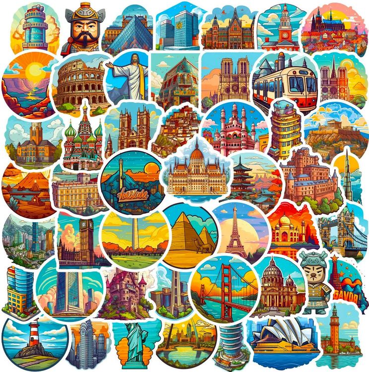 50 Stk. Sticker Aufkleber - Berühmte Wahrzeichen der Welt (Neu und ...