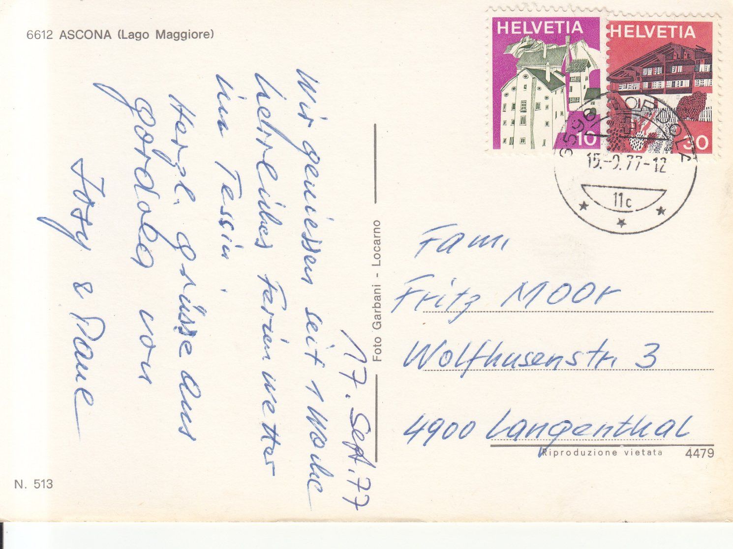 Cartoline postali: Ascona 1977 – Usato da Bürglen TG venduto da StampGraf 1