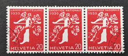Landesausstellung 1939, 3x20Rp. Briefmarken, HELVETIA, rot!