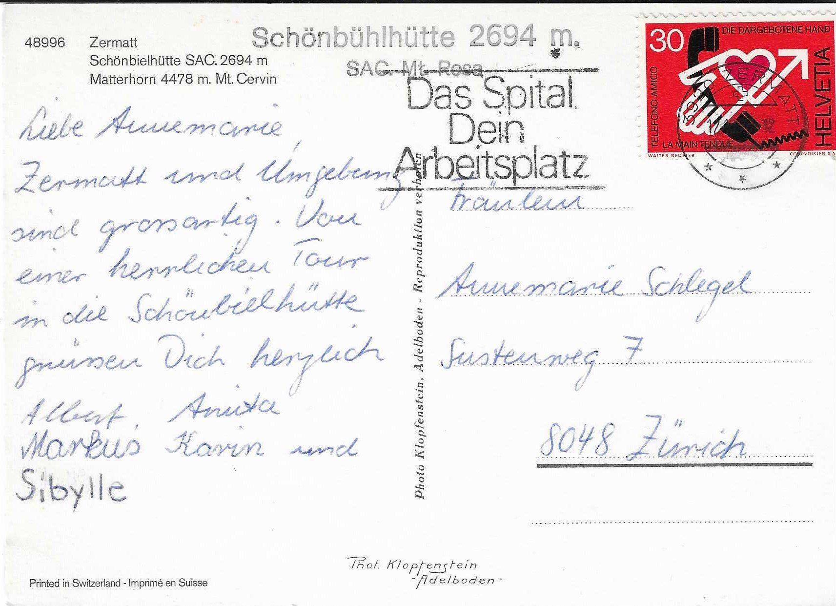 Ansichtskarten: Zermatt Schönbielhütte VS – Gebraucht aus Rothrist von Stranglehold 1
