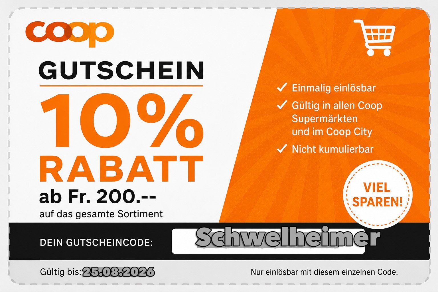 Gutscheine: Coop  10% Rabatt auf Alles ( individueller Code) – Neu und originalverpackt aus Allschwil von Schwelheimer